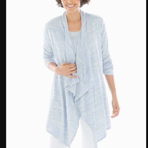 SOMA Large Slub Terry Draped Open Front Cardigan Heather Sky Blue Comfy - Picture 3 of 12